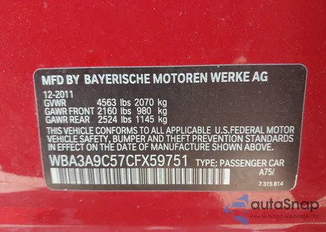 2012 BMW 335I from USA, damaged, VIN WBA3A9C57CFX59751